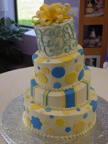 Blue and Yellow Topsy Turvy Wedding Cakejpg